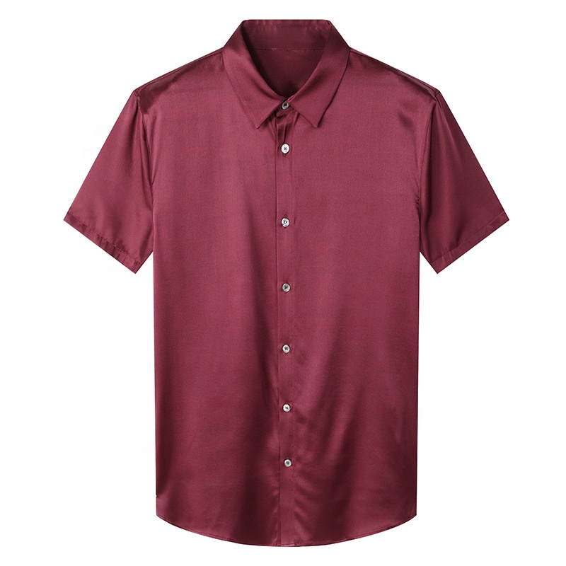 2023 High Quality Business Stand Collar Silk Shirt For Men Solid Color 90.4% Silk Short Sleeve Men&#39;s Shirt 