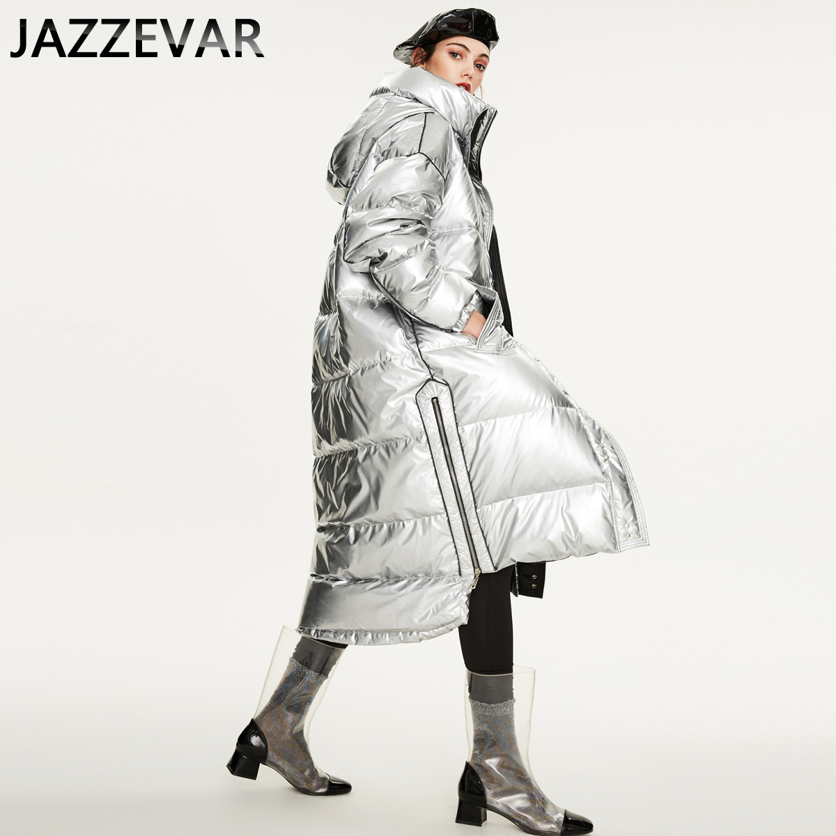 Winter Warm Silver Down Jacket Women's Long Thick Padded Hooded For Flash Winter Jacket Men And Women The Same Style