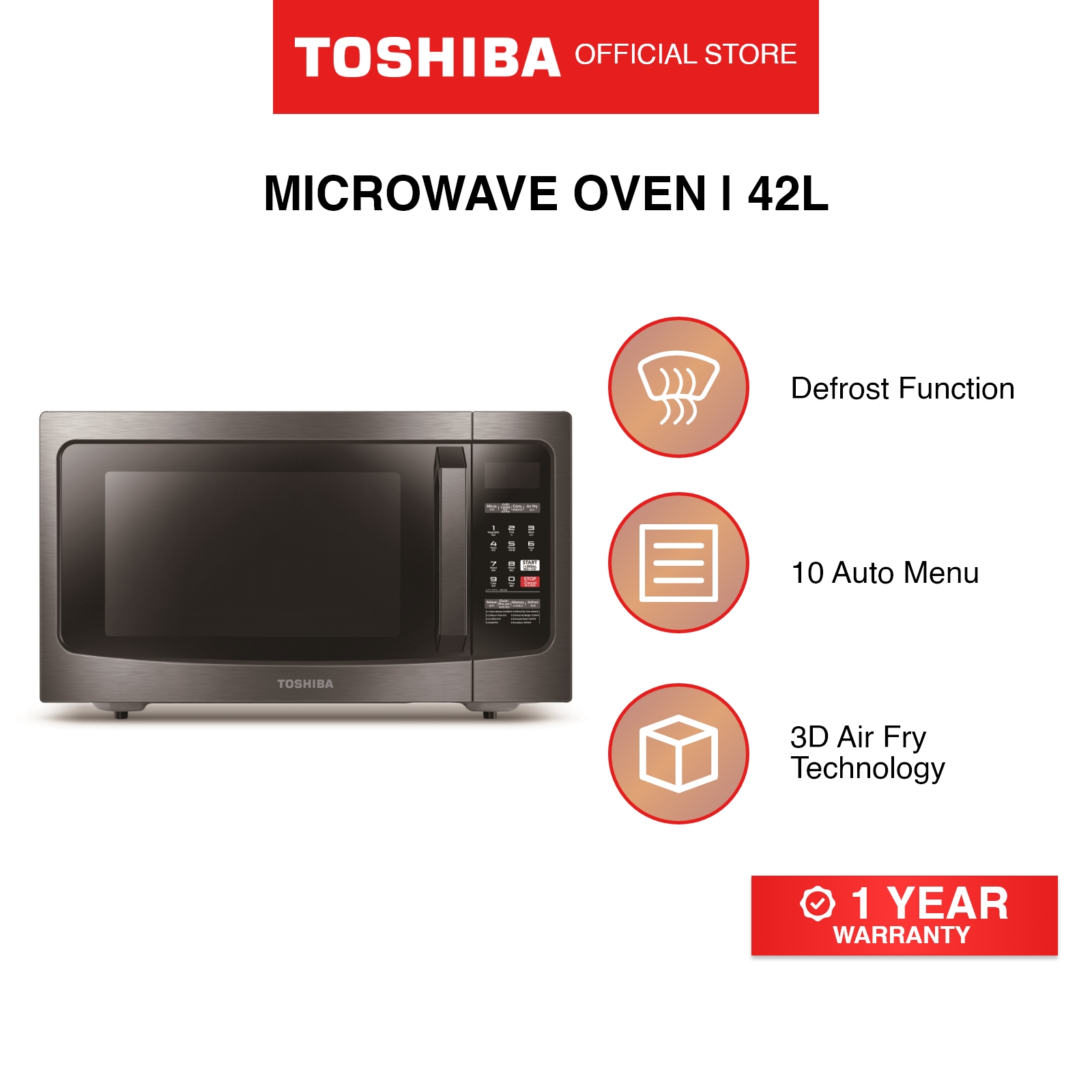 Toshiba ML-EC42S(BS) Black Stainless Steel 10 Auto Menu Microwave, 42L